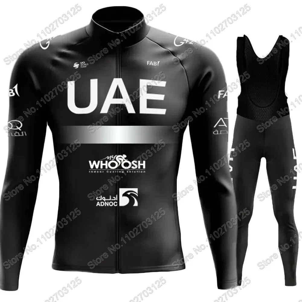 UAE Team 2024 Cycling Jersey Set Thermal Fleece Black TDF Winter Clothing Long Sleeve Road Pants Bib Bike Suit MTB Maillot