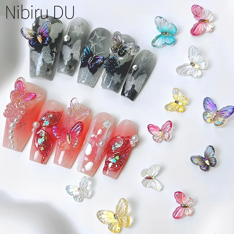 

50Pcs Nail Art Butterfly Resin Stones Gems 2 Sizes Multi-Colors Glitter Nail Charms Butterflies DIY Manicure 3D Decals Crafts