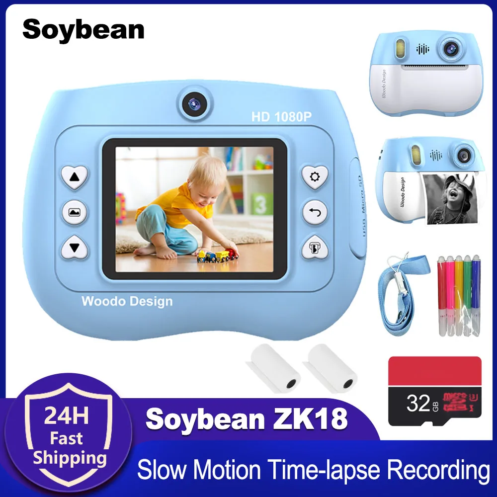 Soybean ZK18 Print Camera Instant Print Camera Slow Motion Time-lapse Recording HD 1080p Mini Kids Video Camera Friends Holiday