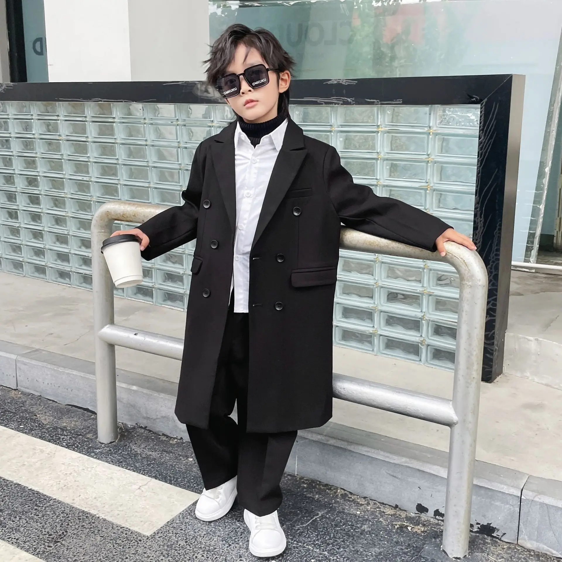 Children Black Knight Winter Wool Coat Boys 007 Windproof Outdoor Long Jacket Kids Fromal Birthday Party Photography Woolen Coat