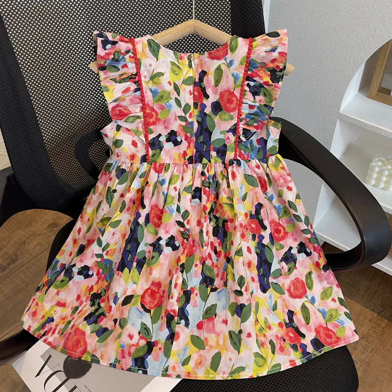 2024New Baby Girl Fashionable Floral Girl Dress Sleeveless Summer Dress Children Fashionable Princess Dress