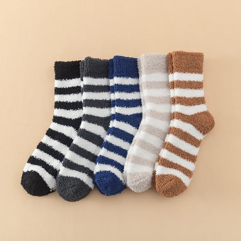 1/5 Pairs Men's Socks Harajuku Striped Simple Casual Versatile Coral Fleece Winter Thickened Plush Warm Comfortable Floor Socks