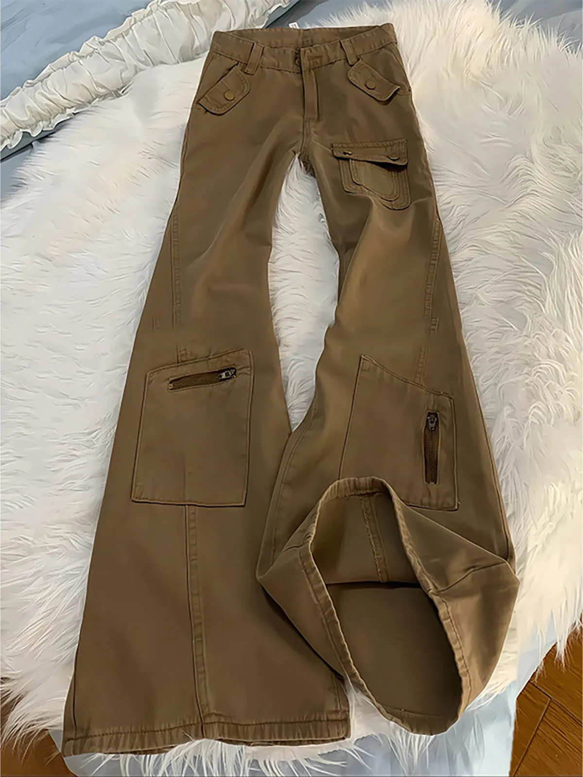 Khaki Color Men's Workwear Jeans with Multiple Pockets Bell Bottom Straight Leg Zipper Design Casual High Street Style