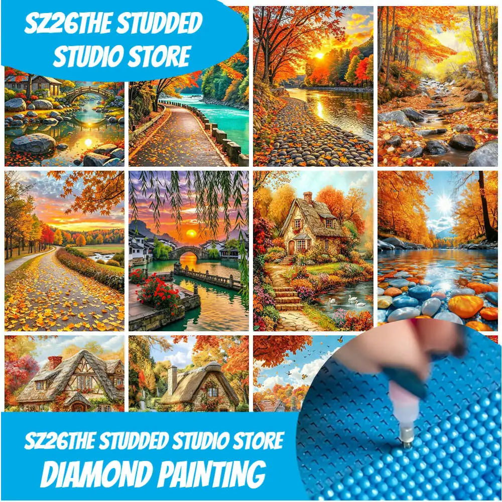 

Sz26The Studded 5D DIY Набор алмазной живописи Закат Лес Река Осень Алмазная вышивка Пейзаж Новая коллекция Декоративная Па