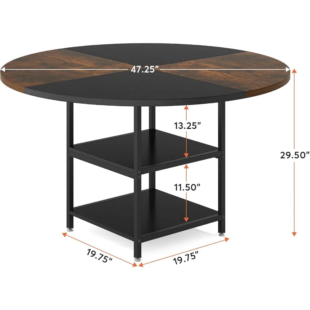 47 inch Round Dining Table for 4, Wood Kitchen Table Large Dinner Table with Storage Shelf Metal Legs for Home Dining Room