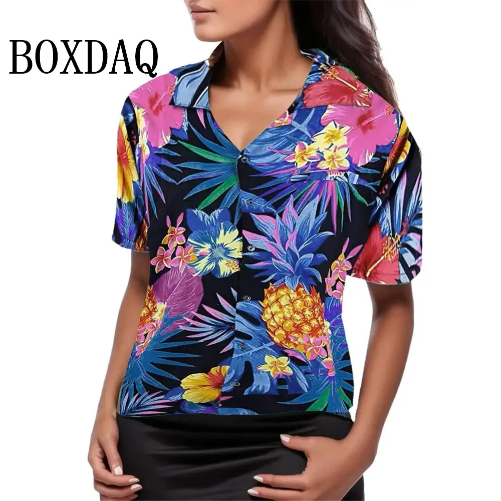 Moda verão blusa feminina artística havaiana palmeira impressão manga curta lapela casual botão camisa topos feminino camisa havaiana