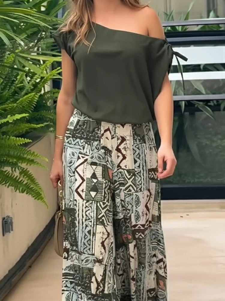 Zomer Dame Nieuwe Losse Geplooide Vakantie Outfits Sexy Slash Kraag Tops & Gedrukt Broek Sets Casual Dames Pendelen Tweedelige sets