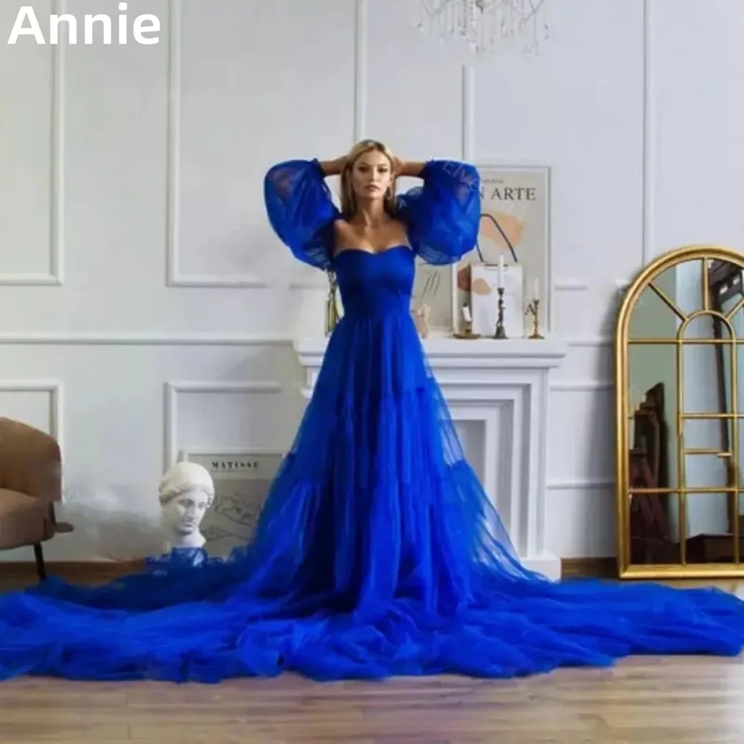 

Blue Prom Dresses Tulle Long Train Evening Dress Wedding Graduation Formal Occasions Party Dresses Custom Dress فساتين السهرة