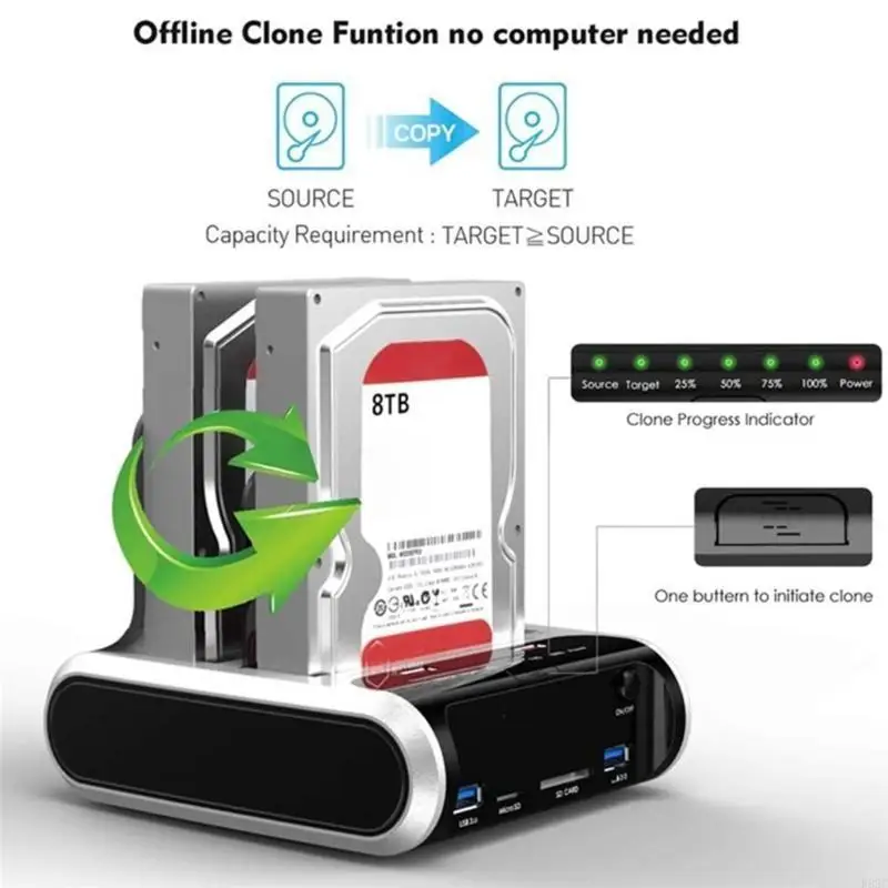 Hard Drive Docking Station to USB3.0 2 Bay Adapters for 2.5/3.5" SSD HDD Clones Enclosure K92C