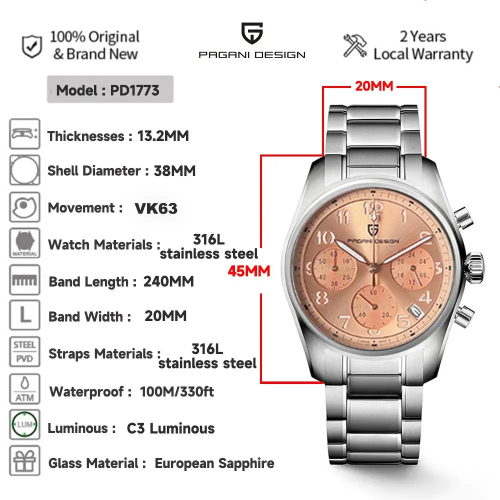 PAGANI DESIGN 38mm Quartz Watches Luxury vk63 Sapphire Glass 200m Waterproof Stainless Steel Fashionable Casual men's Watch 1773