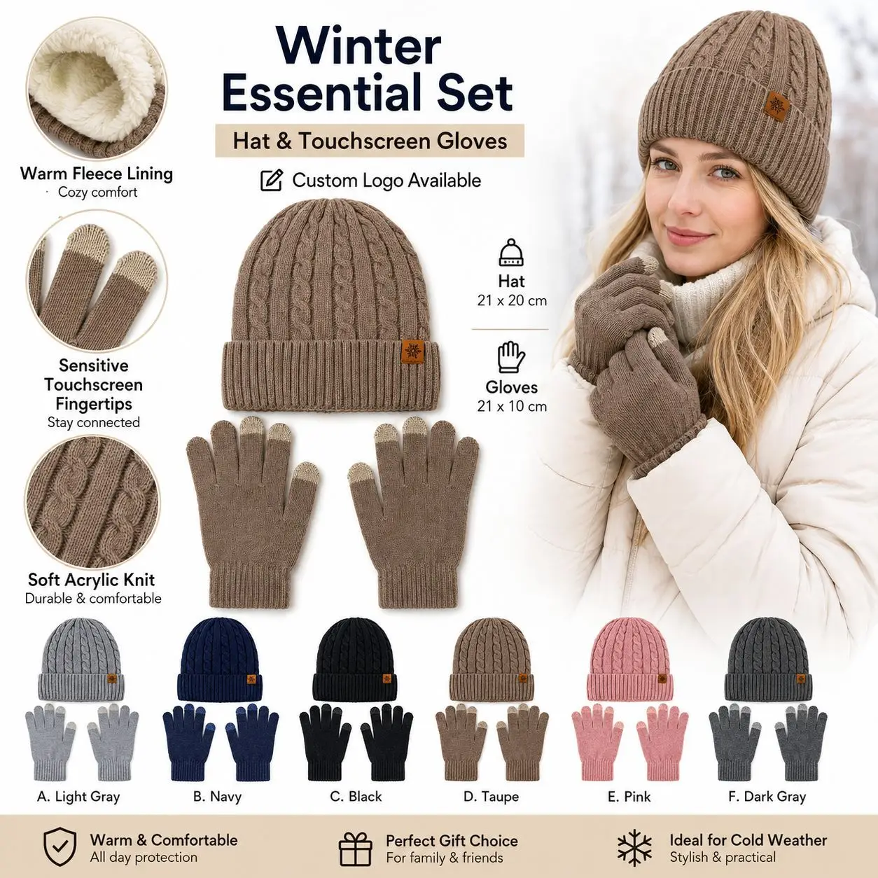 Amazon spot twist hat gloves two-piece set double-layer velvet cold-proof warm touch screen personalized customization