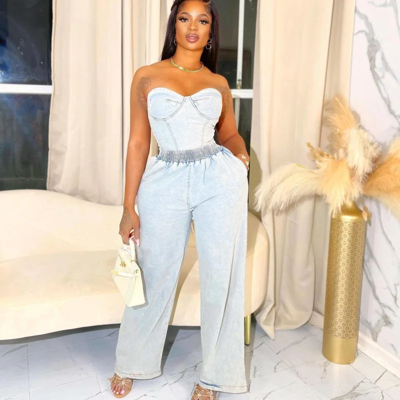 

Arican Fashion Summer Denim Women Two Piece Sets Sleeveless Strapless Slim Fit Vest Top and Elastic Wide Leg Pants Set