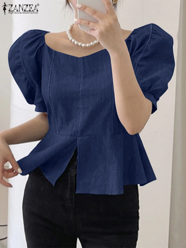 

Women Fashion Tops ZANZEA Summer Denim Blouse 2025 Short Sleeve Solid Color Square Collar Puff Sleeve Blusas Elegant Tunic Tee