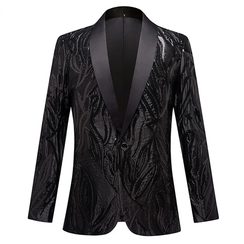 Men\'s Luxury Brocade Sequin Suit Jacket 2023 Shawl Collar One Button Black Blazers Men Wedding Party Banquet Costume Homme