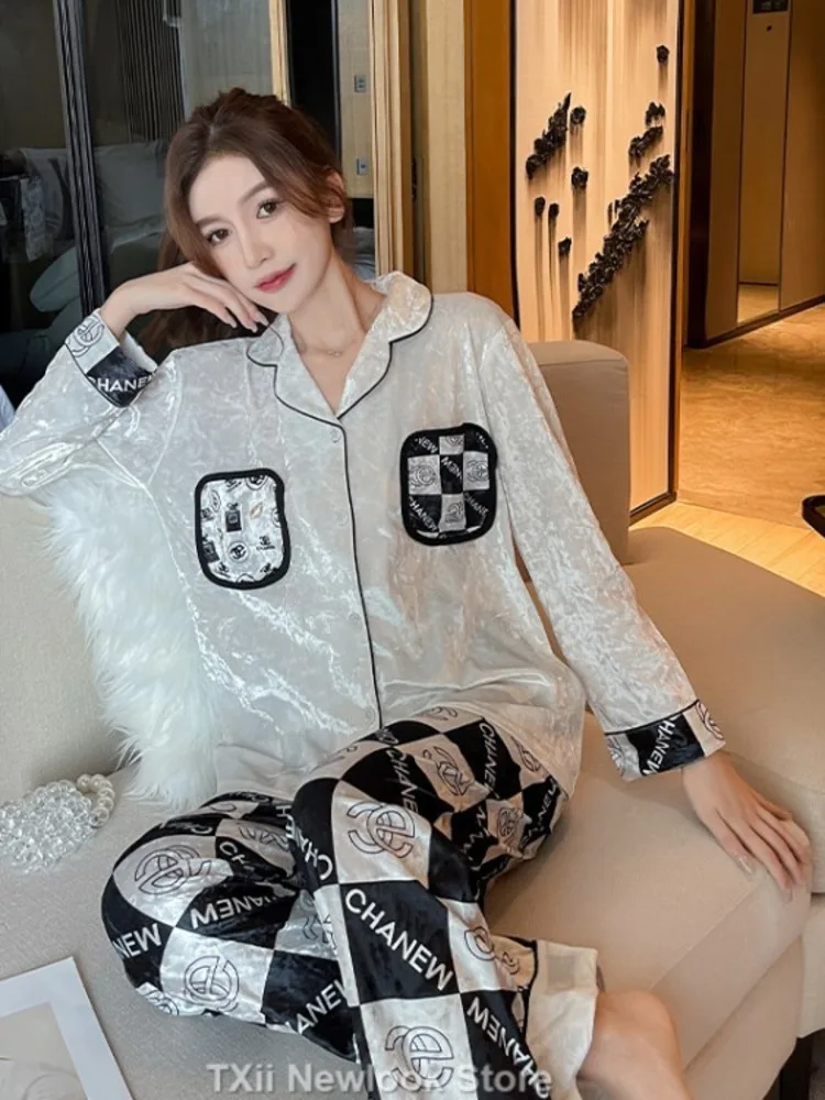 TXii Newlook Autumn Winter New Fashion Gold Velvet Pajamas Women\'s Set Korean Velvet Trousers Home Clothes V-neck High-end Sense