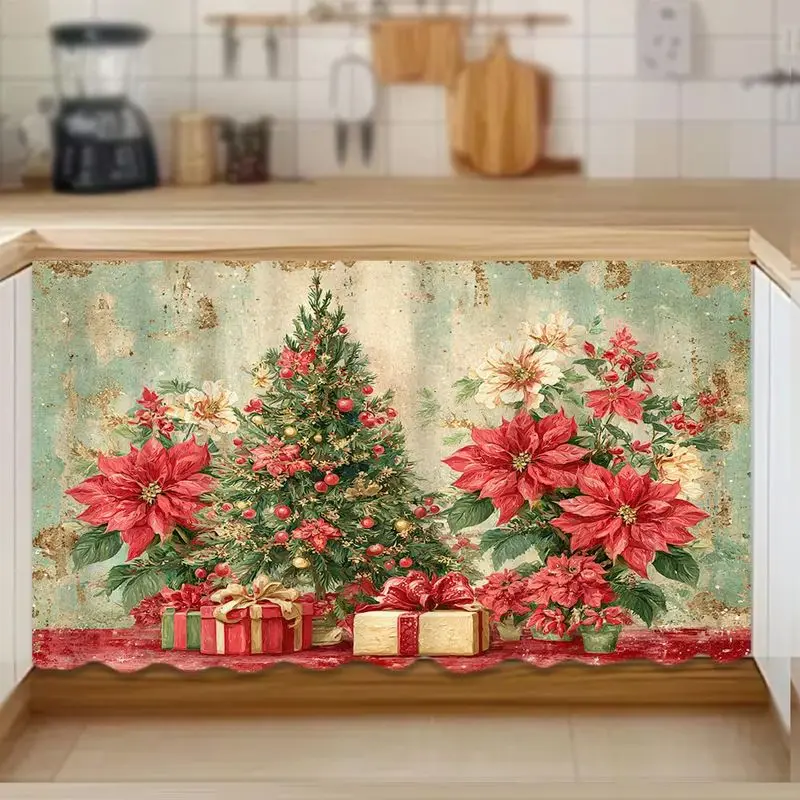 VIKAMA Christmas Shelf Curtain Vintage Xmas Tree Poinsettia Gift Print Cabinet Cover For Kitchen Cupboard Bedroom Decor