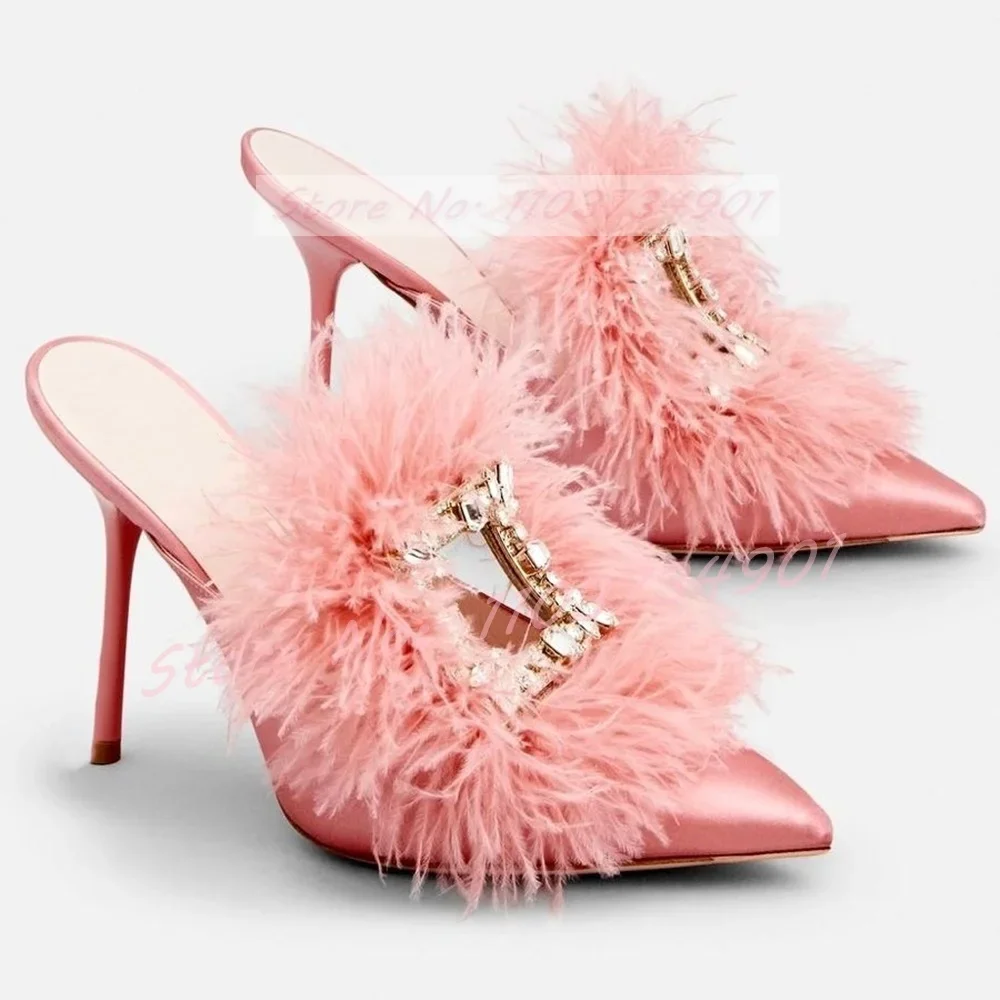 Crystals Pink Satin Outdoor Furry Slippers Female Elegant Pointy Toe Thin Heels Mules Women Party Sexy Casual Fashion Slippers