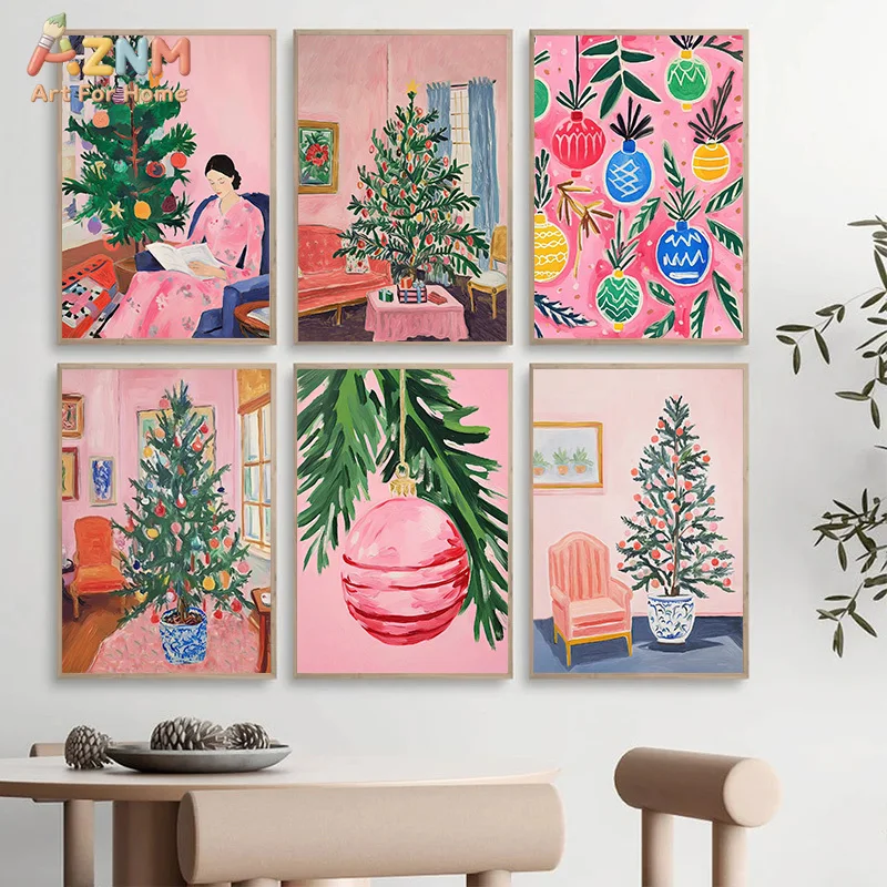 AZNM Pink Christmas Tree Aesthetic Canvas Wall Art, Retro Matisse Style Holiday Bauble Painting Cozy Winter Home Room Wall Decor