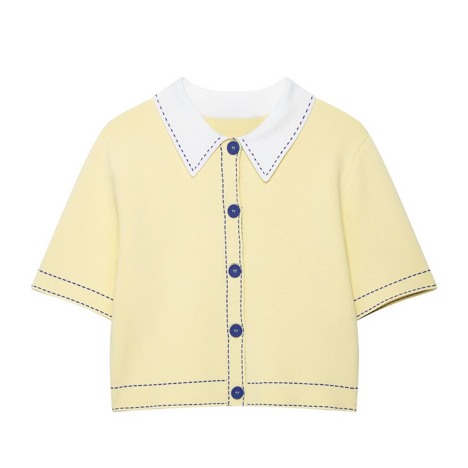 Giacca lavorata a maglia a maniche corte con risvolto con cuciture a contrasto semplice moda casual da donna nuova autunno