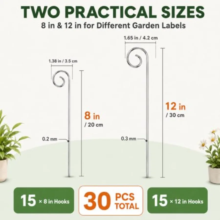 Silver Metal Plant Label Hooks - 30 Pcs 8 and 12 Inches Garden Plants Labels Markers Stakes for Outdoor, Steel Small Shepherds