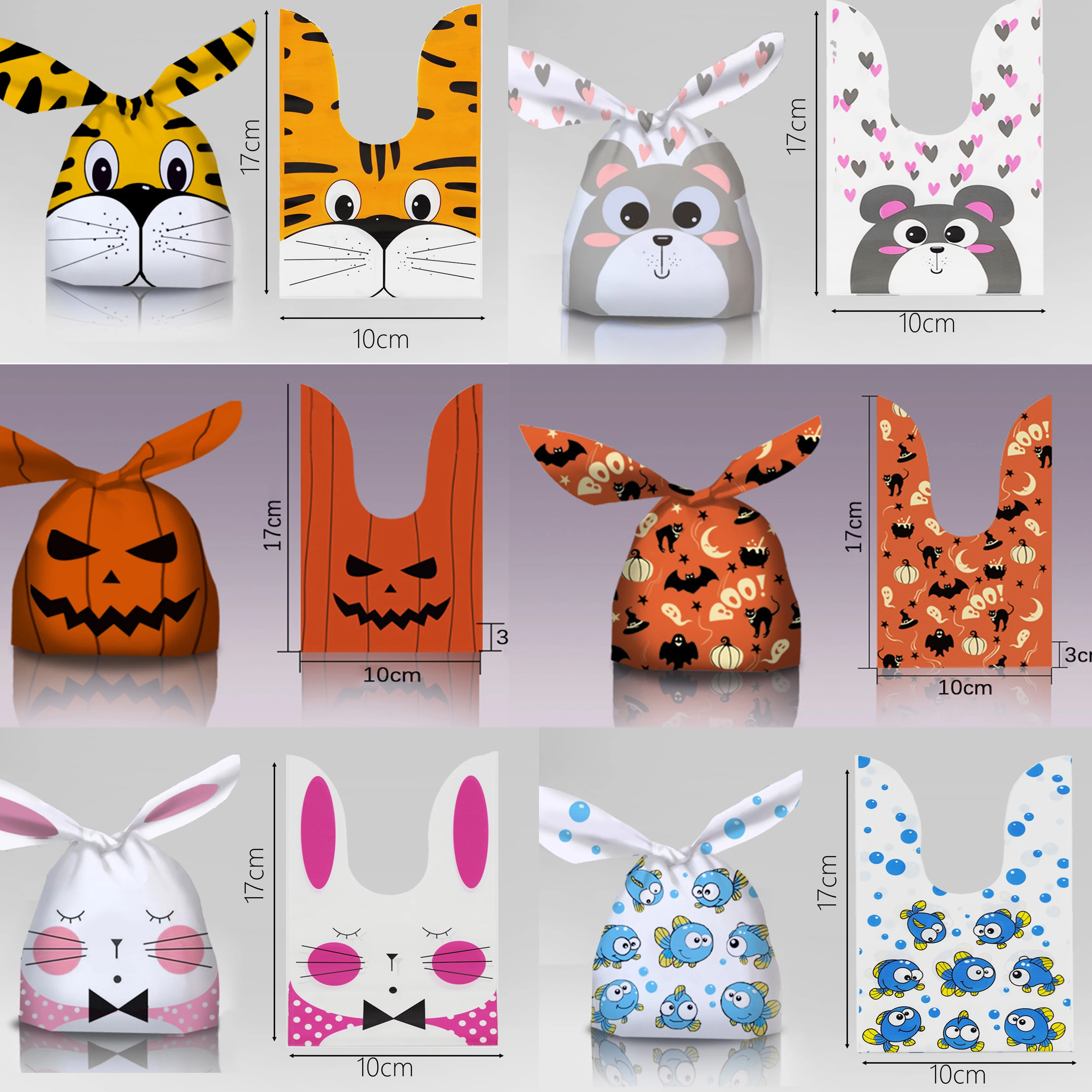 Bolsas de regalo de dulces de Halloween, 50 piezas, bolsas de dulces con Orejas de conejo, calabaza, murciélago, Calavera, galletas, bolsas de plástico, embalaje, suministros para fiestas