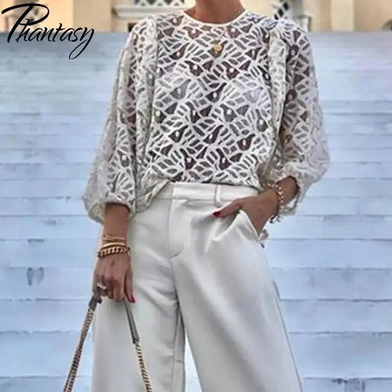 Phantasy Elegant Long Sleeved Shirt Loose Women Tee Hollowed Out T-Shirt Spring Summer Dress Up Lace-Up Bishop Sleeve Tops