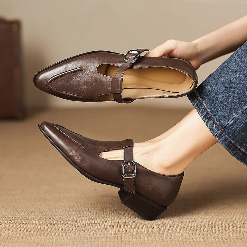 2026 new spring summer women pumps natural leather 22-25cm cowhide+pigskin pointed toe t-strap buckle women shoes fashion