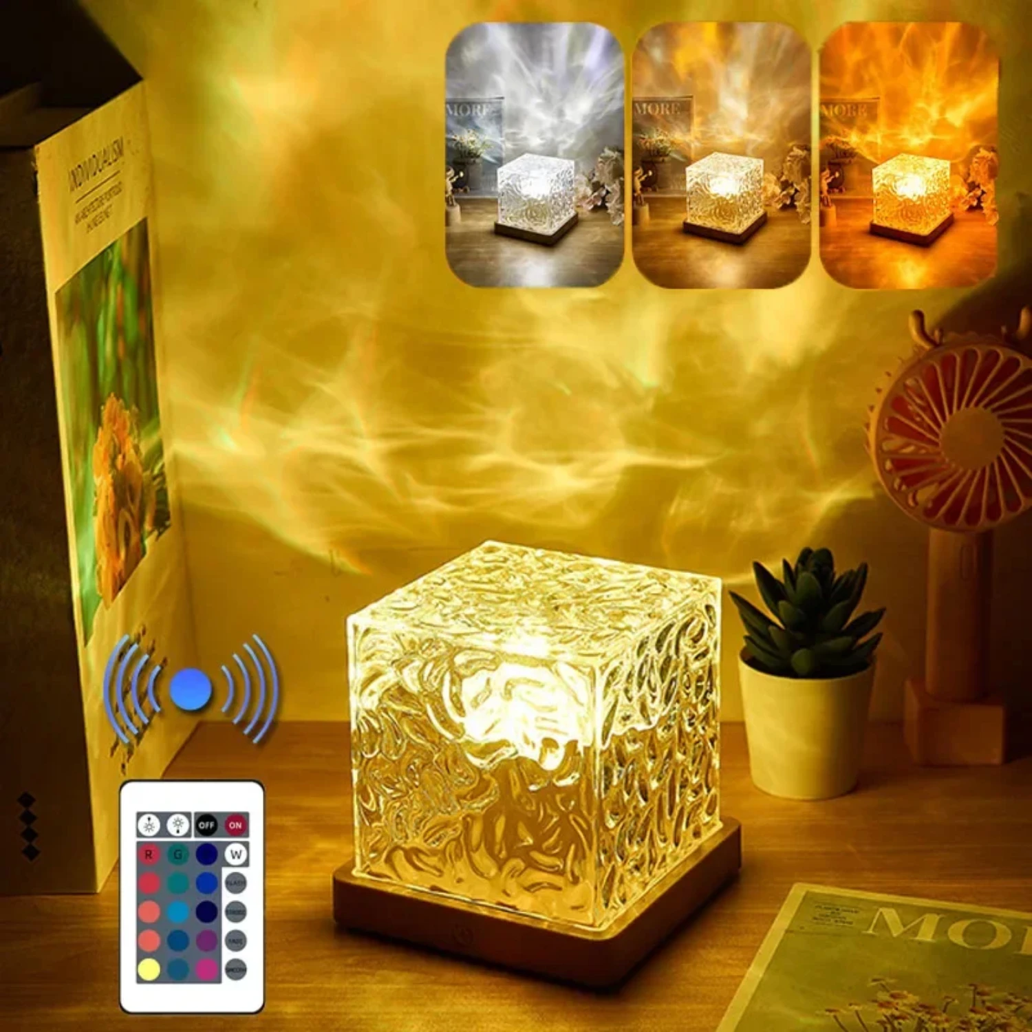 Water Ripple Projector Night Light Flame Crystal Lamp for Living Room Study Bedroom Decor