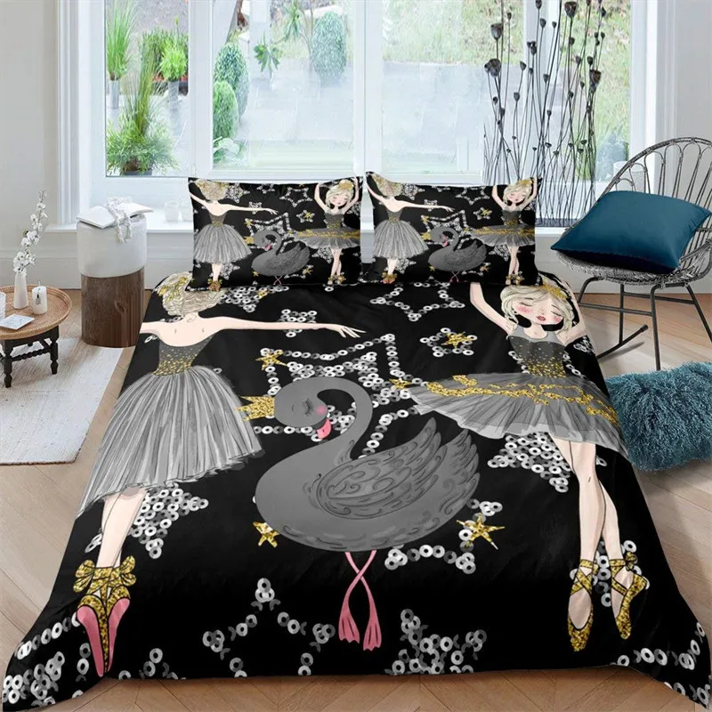 

Ballet Princess Dancer Duvet Cover 3D Sparkling Glittering Star Bedding Set Cartoon Animal Swan Quilt Cover For Child Boys Teens