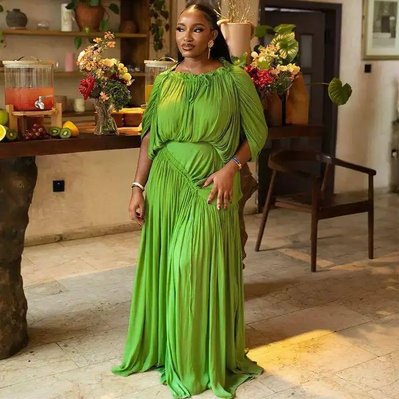 Africa Women Pleated A Line Maxi Dress O Neck Short Batwing Sleeve Draw String Fashion Casual Wedding Guest Party Dresses