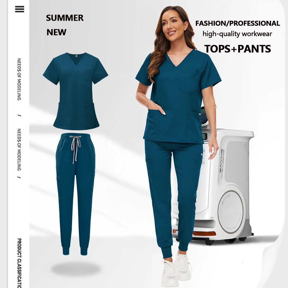 Roupa de trabalho clínica enfermeira uniforme feminino bolso médico esfrega conjunto calças jogging conjunto médico cirurgia macacão masculino pet beleza workwear