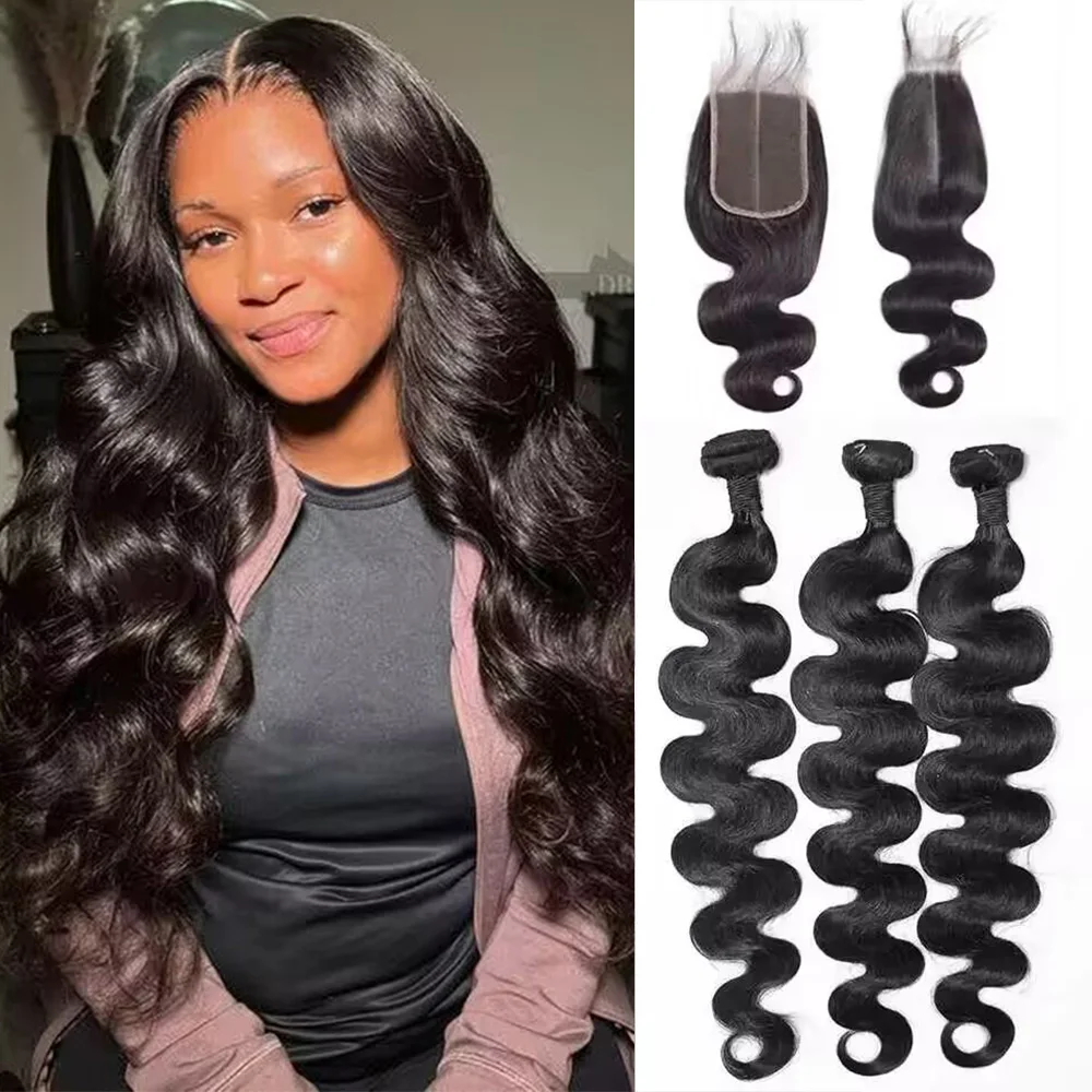 2x6 Middle Part Lace Closure with Bundles 20 22 24 inch Body Wave Human Hair Bundles with Closure Brazilian Raw Hair Extensions