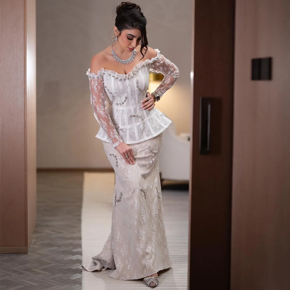 Maßgeschneiderte Applikationen Spitze Abendkleid Sexy Sweetheart Langarm Vestido De Festa Hochwertige Meerjungfrau-Kristall-Partykleider