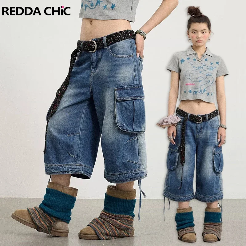 Pantalones Bermuda Cargo con Bolsillos IMU IUM Boyfriend para Mujer y Hombre, Shorts de Mezclilla con Cordón Ajustable, Jeans Holgados Estilo 90s Skater Y2k Streetwear