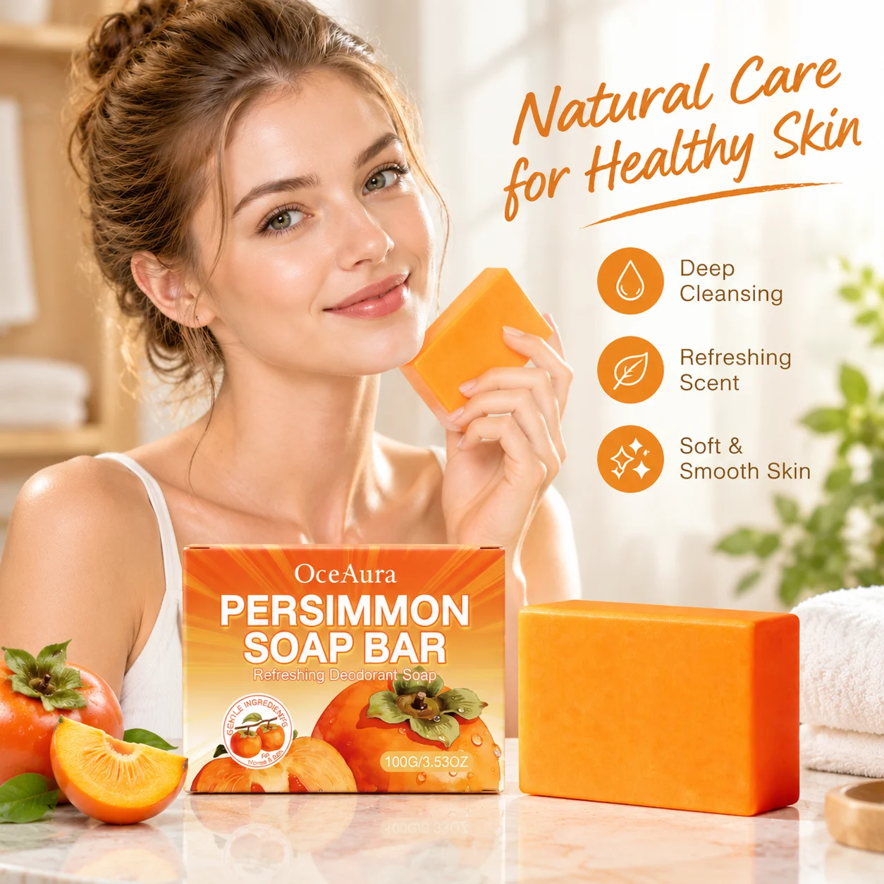 OceAura Persimmon Soap Bar Persimmon Extract Gentle Cleansing Natural Deodorizing Reduce Body Odor mild Formula Shower Soap Bar