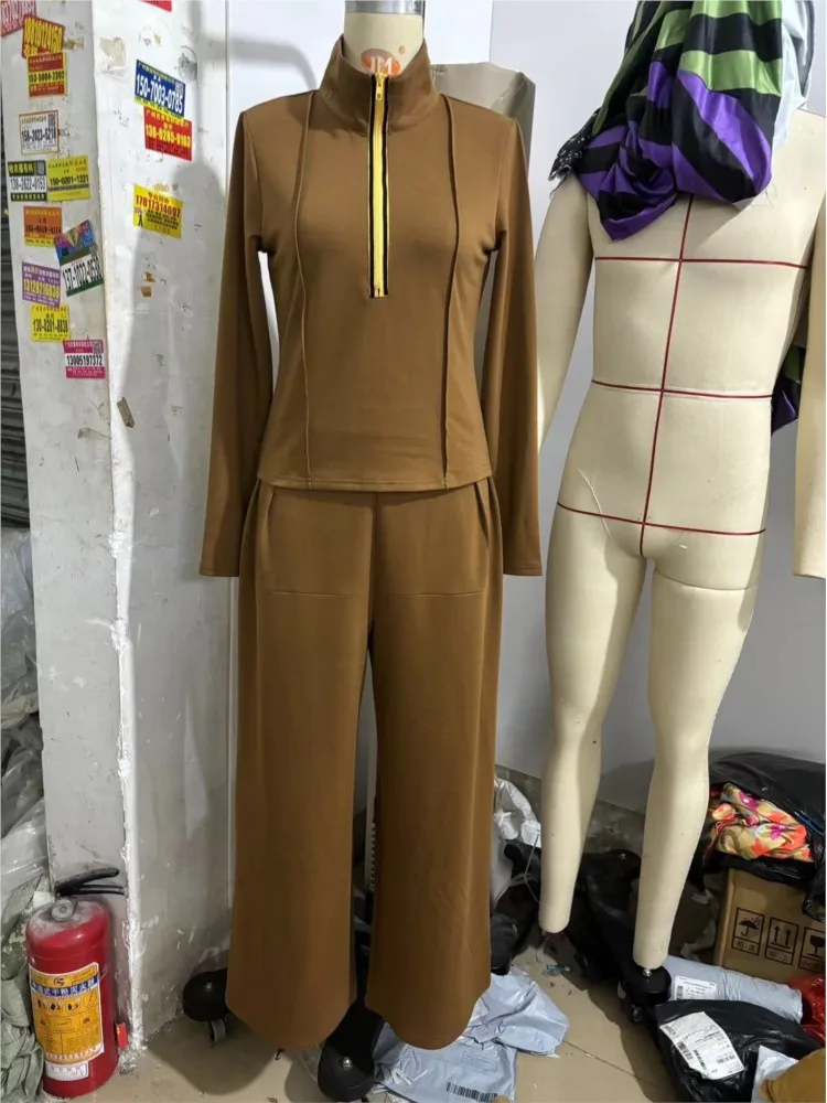 Retro Solid Zipper Hooded Top Pullover+High Waist Pants Two Piece Sets Woman V-neck Overalls Suit Chic Long Sleeve Autumn Outfit