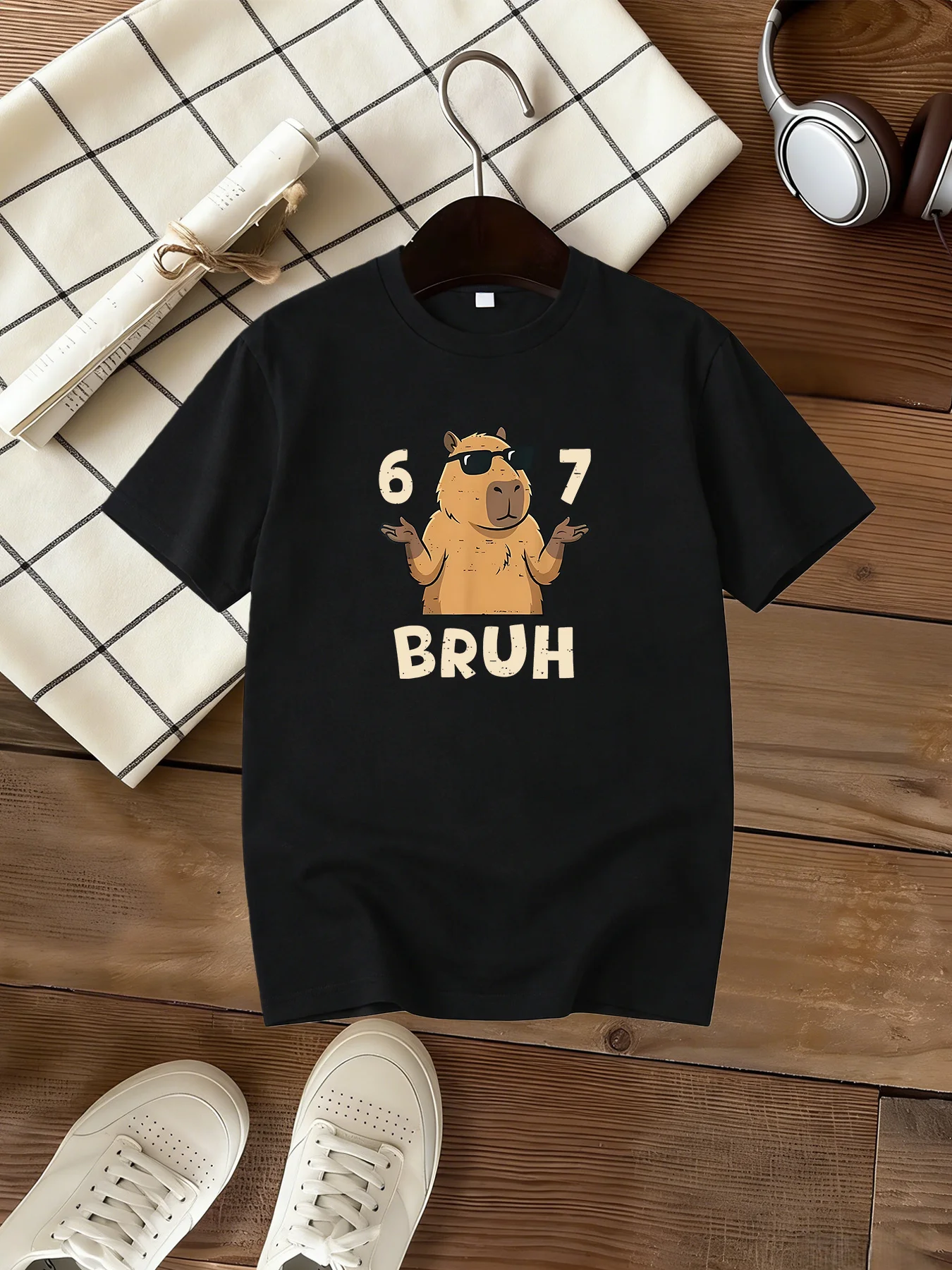 Funny 6 7 Bruh Capybara Print Kids T Shirt Boys Girls Short Sleeve Parent Child Cotton Tees Daily Toddler Cool Meme Animal Tee