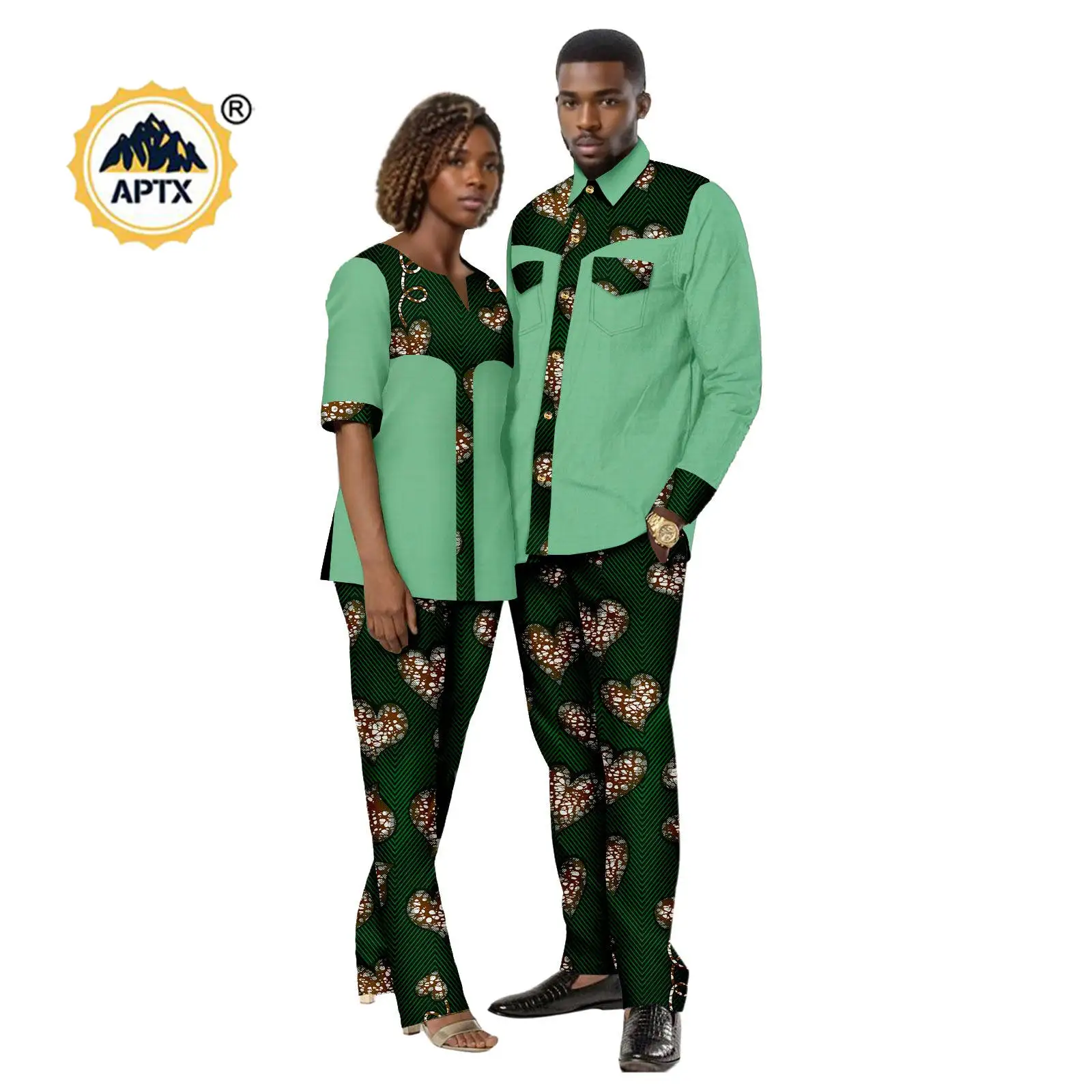 African Clothes for Men Matching Couple Outfits Bazin Riche Women Patchwork Print Long Sleeve Top Shirt and Pant Sets 24C081