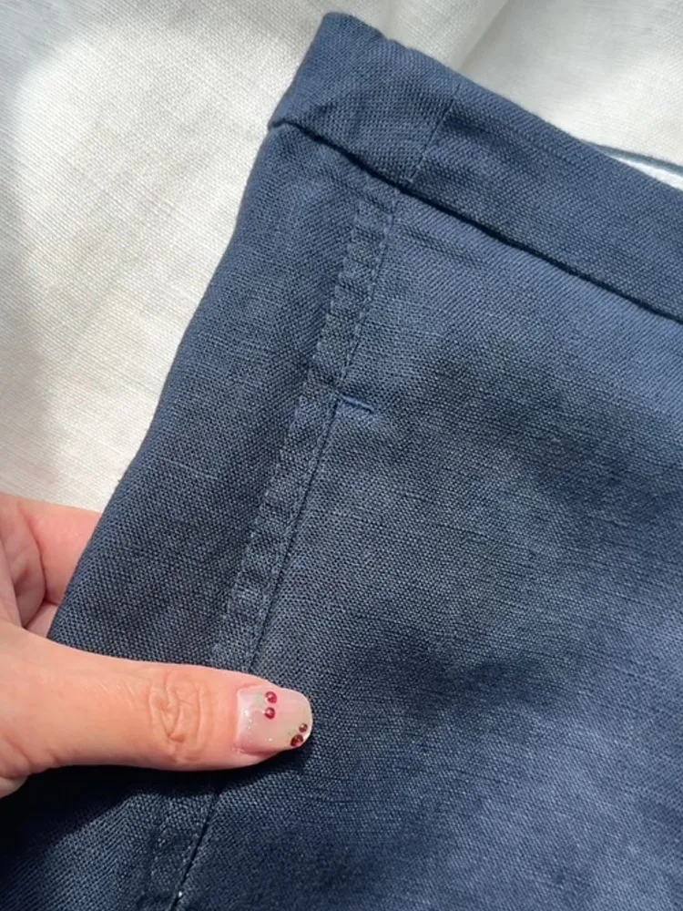 Luźne lniane spodnie z wysokim stanem, proste nogawki, ciemnoniebieskie, proste, oddychające, zapewniające uczucie chłodu, na wiosnę i lato, damskie, premium, wygodne.