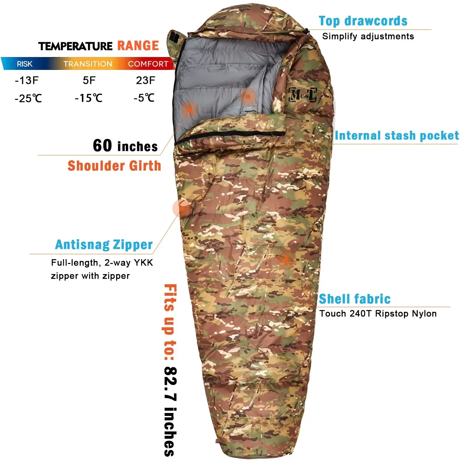 Ranger Down Mummy Anti-Extrem Cold Sleeping Bag Portable Camping Hiking Sleeping Bag Multicam Camouflage