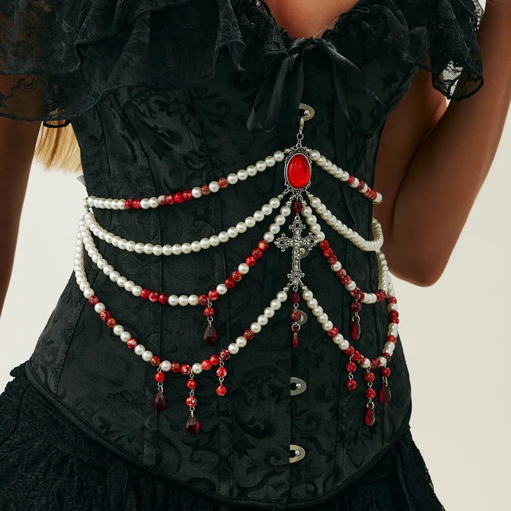 Charm Goth Imitation Pearl Beaded Cross Blood Drop-shaped Multi-layer Tassel Waist Chain for Women Halloween Body Chain Jewelry