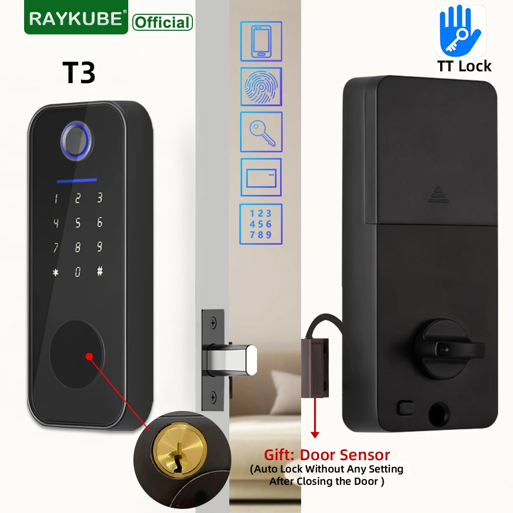 

RAYKUBE T3 TT Lock Digital Fingerprint Door Lock Deadbolt Lock with 60/70mm Latch Key/Password/Card/ TT Lock APP Remote Unlock