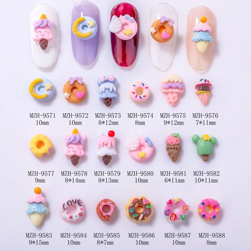 

20PCS/Pack Resin Charms Nail Gems Donut Ice Cream Design Cartoon Nail Glitter Stone Parts Manicure Press On Nail Decoration Gems