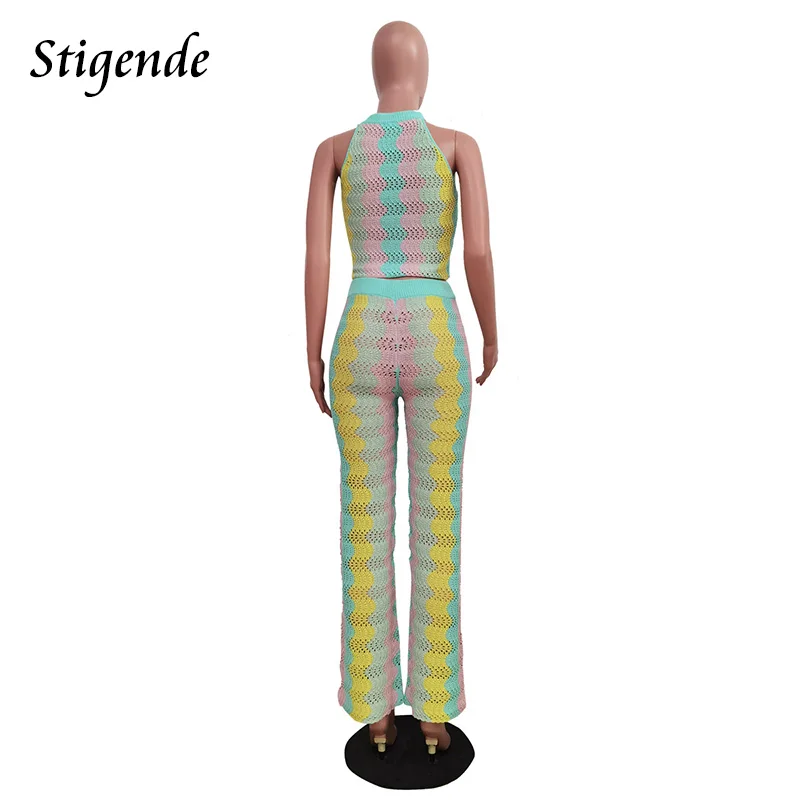 Stigende Striped Wave Knit Two Piece Set Women Hollow Out Crop Tank and Pants