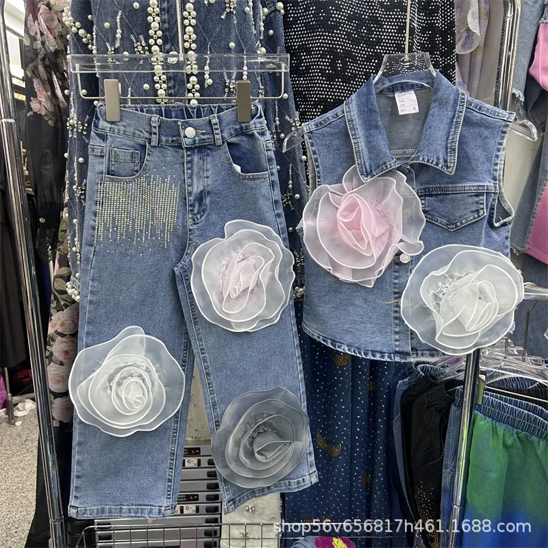 

Женский комплект: джинсовый жилет с 3D-цветами из сетки, безрукавка с цветочным узором, ковбойская майка + джинсы с высокой талией и стразами