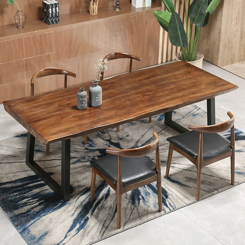 American retro solid wood desk irregular edge long strip boss computer table and chair combination
