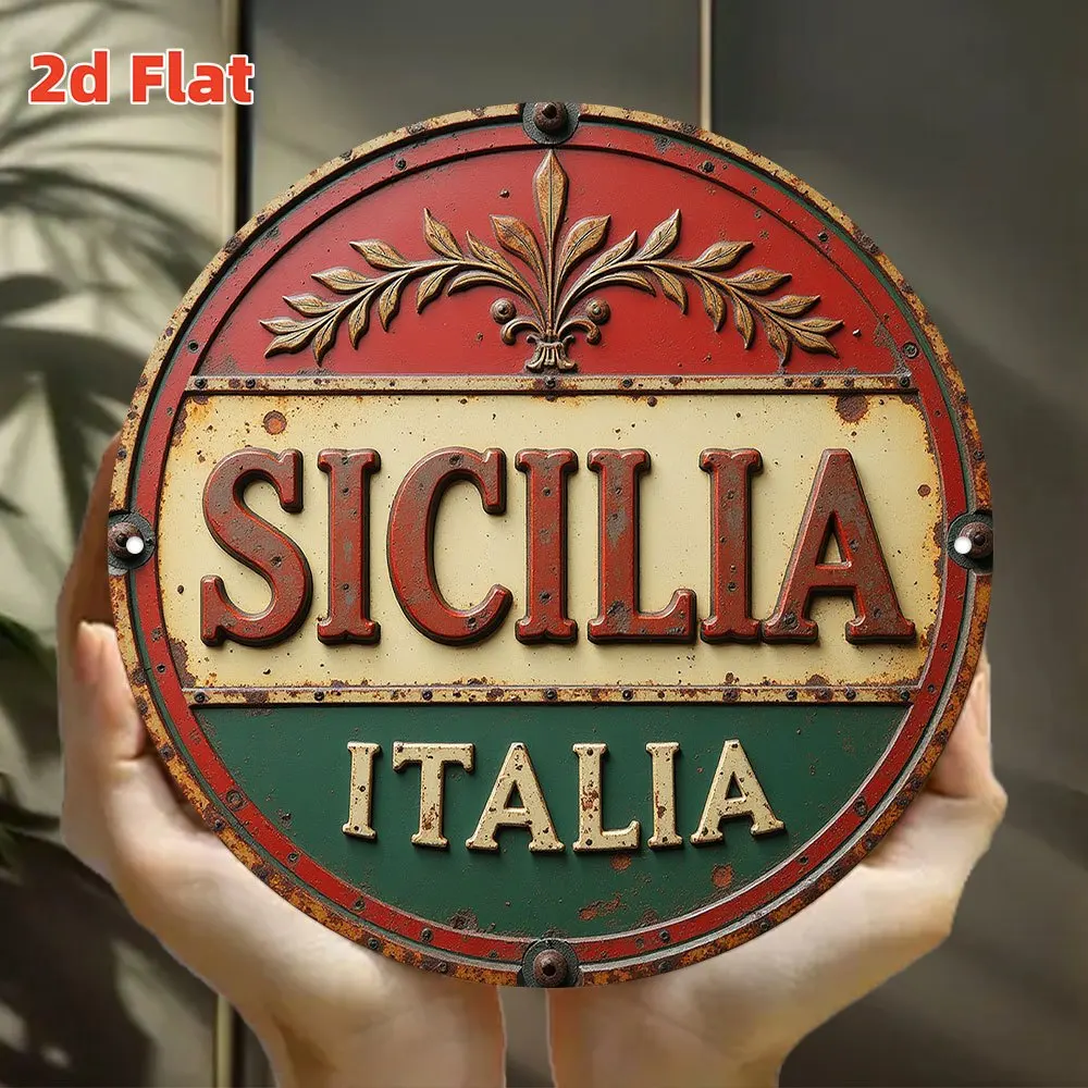 Pancarte en métal ronde 2D vintage 'SICILIA ITALIA' - Décoration italienne sicilienne rétro vieillie pour cuisine, restaurant, cadeau pour les amateurs de voyage