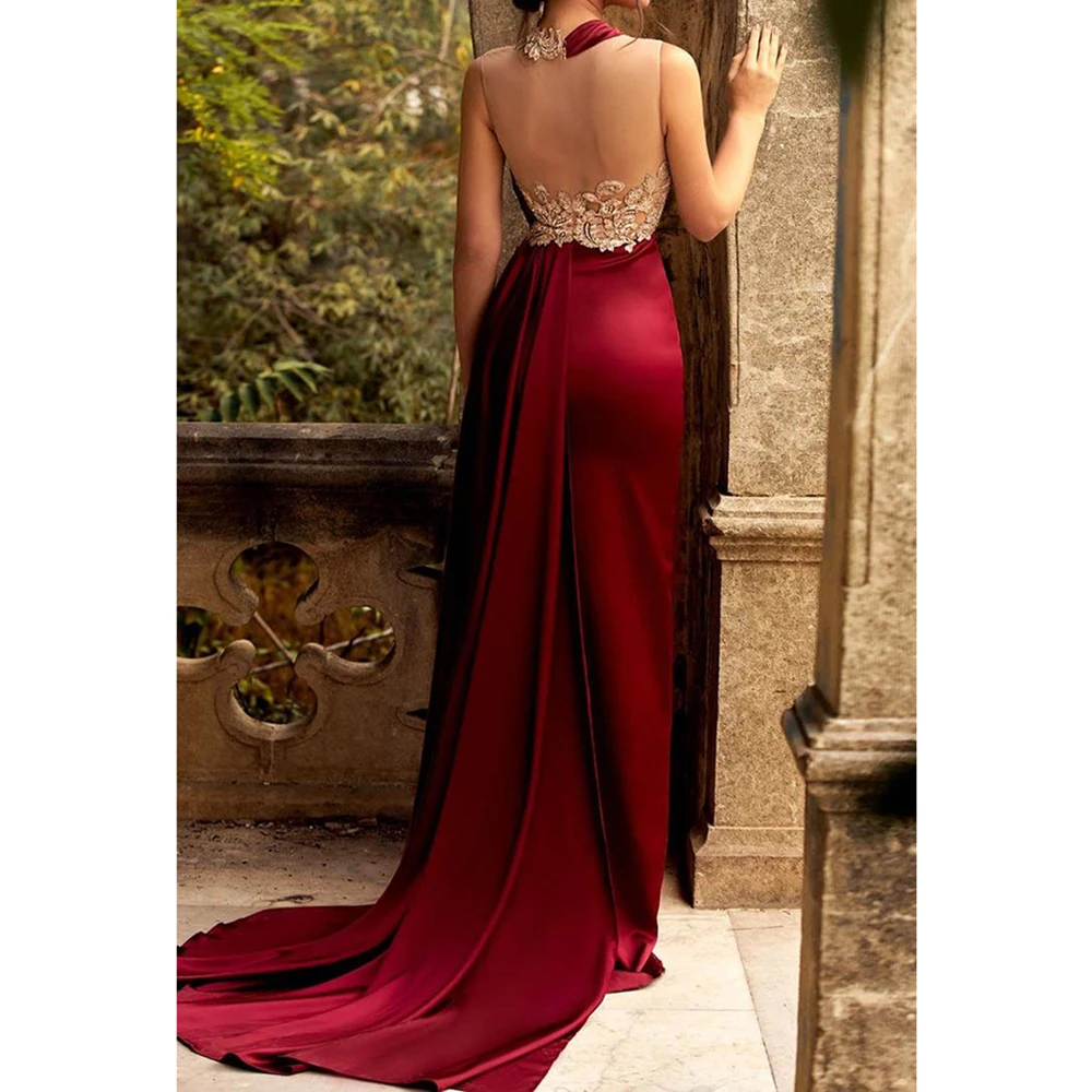 

Elegant Burgundy Women Prom Dresses Halter Floor Length Backless Appliques Mermaid Sleeveless Evening Party Banquet Gowns