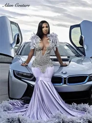 Luxury Purple Lilac Prom Dress Beading Crystal Feathers Tassels Elegant Birthday Dress Evening Dress Wedding Reception Customiz