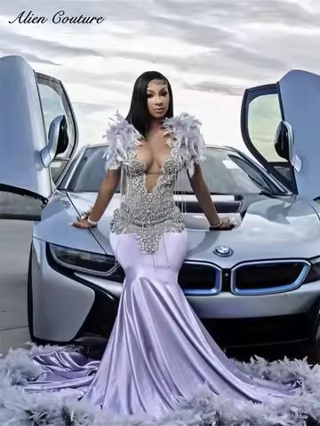 Luxury Purple Lilac Prom Dress Beading Crystal Feathers Tassels Elegant Birthday Dress Evening Dress Wedding Reception Customiz